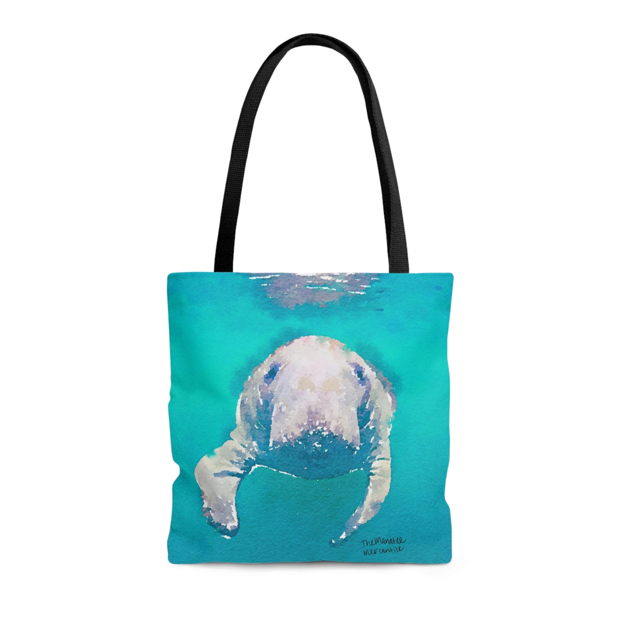 Manatee Tote Bag With Double Sided Watercolor Art, Shopping Book