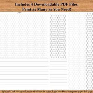 May include: Four printable PDF files of hexagonal paper. Two pages feature a full page of hexagonal grid paper, and two pages feature a hexagonal grid with lines for writing.
