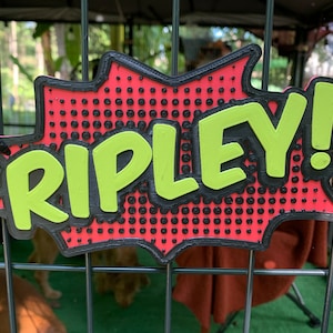 Ka-Pow! Personalized Pet Crate Tag, 3D-Printed Comic Book Themed Dog Kennel Name Plate