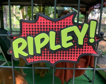 Ka-Pow! Personalized Pet Crate Tag, 3D-Printed Comic Book Themed Dog Kennel Name Plate