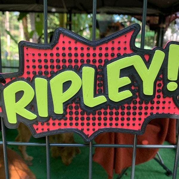 Ka-Pow! Personalized Pet Crate Tag, 3D-Printed Comic Book Themed Dog Kennel Name Plate