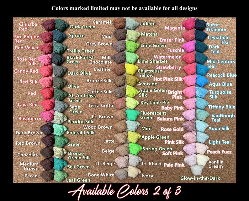 May include: A color chart with various fabric swatches, each labeled with a unique color name. The chart includes a wide range of hues, from reds and pinks to greens and blues, with text that reads "Available Colors 2 of 3."