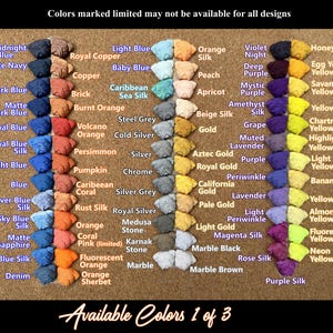 May include: A color chart displays a variety of fabric swatches in shades of blue, orange, yellow, purple, and more. The text indicates that some colors may be limited. The words "Available Colors 1 of 3" are at the bottom.