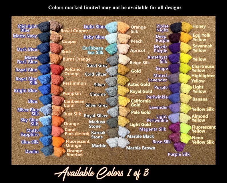 May include: A color chart displays a variety of fabric swatches in shades of blue, orange, yellow, purple, and more. The text indicates that some colors may be limited. The words "Available Colors 1 of 3" are at the bottom.