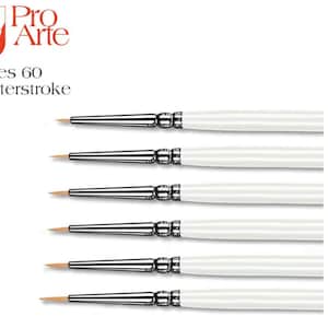 May include: Set of six Pro Arte Series 60 Masterstroke paint brushes with white handles and silver ferrules. The brushes are arranged vertically from largest to smallest, with the sizes labeled 10/0, 5/0, 4/0, 3/0, 2/0, and 0.