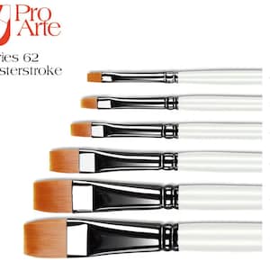 May include: A set of five Pro Arte Series 62 Masterstroke flat paint brushes. The brushes are arranged in order of size, with the smallest brush at the top and the largest brush at the bottom. The brushes have white handles and silver ferrules.