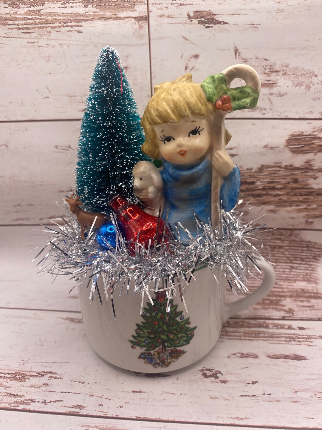 Vintage Christmas Tree Cup With Lefton Shepherd Girl Holding Etsy