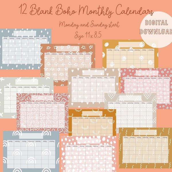 Boho monthly calendar, printable boho calendar, blank school calendar, school year calendar, monthly calendar template, colorful calendar