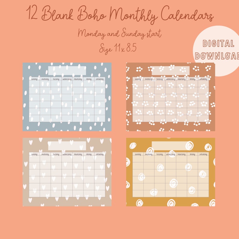 Boho Monthly Calendar Printable Boho Calendar Blank School Etsy