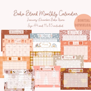 Adorable Boho Monthly Calendar - Seasonal & Holiday Focus - Digital Download blank monthly Planner