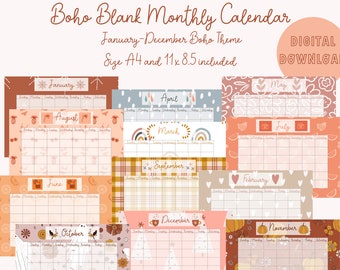 Boho monthly calendar, printable boho calendar, 2024 calendar, 2024 monthly planner, wall calendar 2024, monthly planner 2024, minimal cal