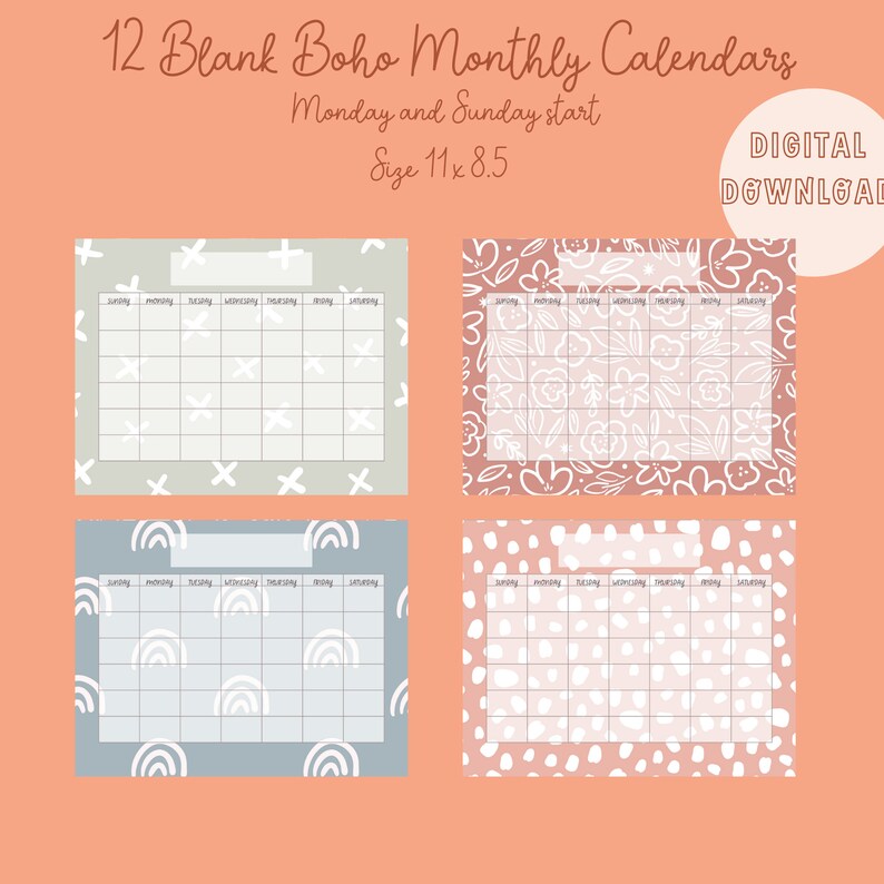 Boho Monthly Calendar Printable Boho Calendar Blank School - Etsy