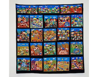 Hand sewn quilt and two pillows which feature 25 vintage (c1979) hand sewn panels depicting scenes from village life in South America.