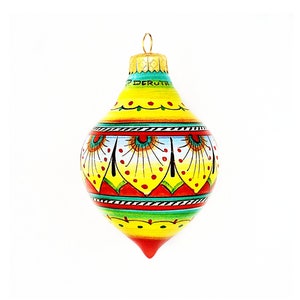 Very Colorful Geometric Pattern Teardrop Shaped Ceramic Christmas Ornament - Made In Italy