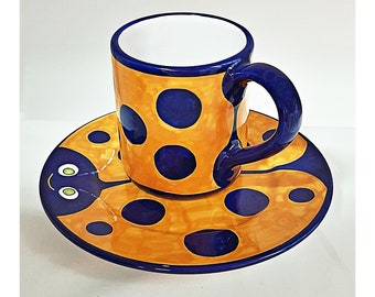 Hand Painted Lady Bug Pattern Ceramic Coffee Mug and Saucer Set - Made in Italy