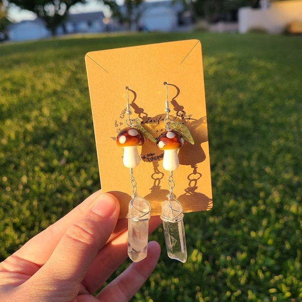 Mushroom Faery Quartz Crystal Earrings/Cottagecore Earrings/Crystal Earrings/Fairycore Earrings/Hippie Earrings