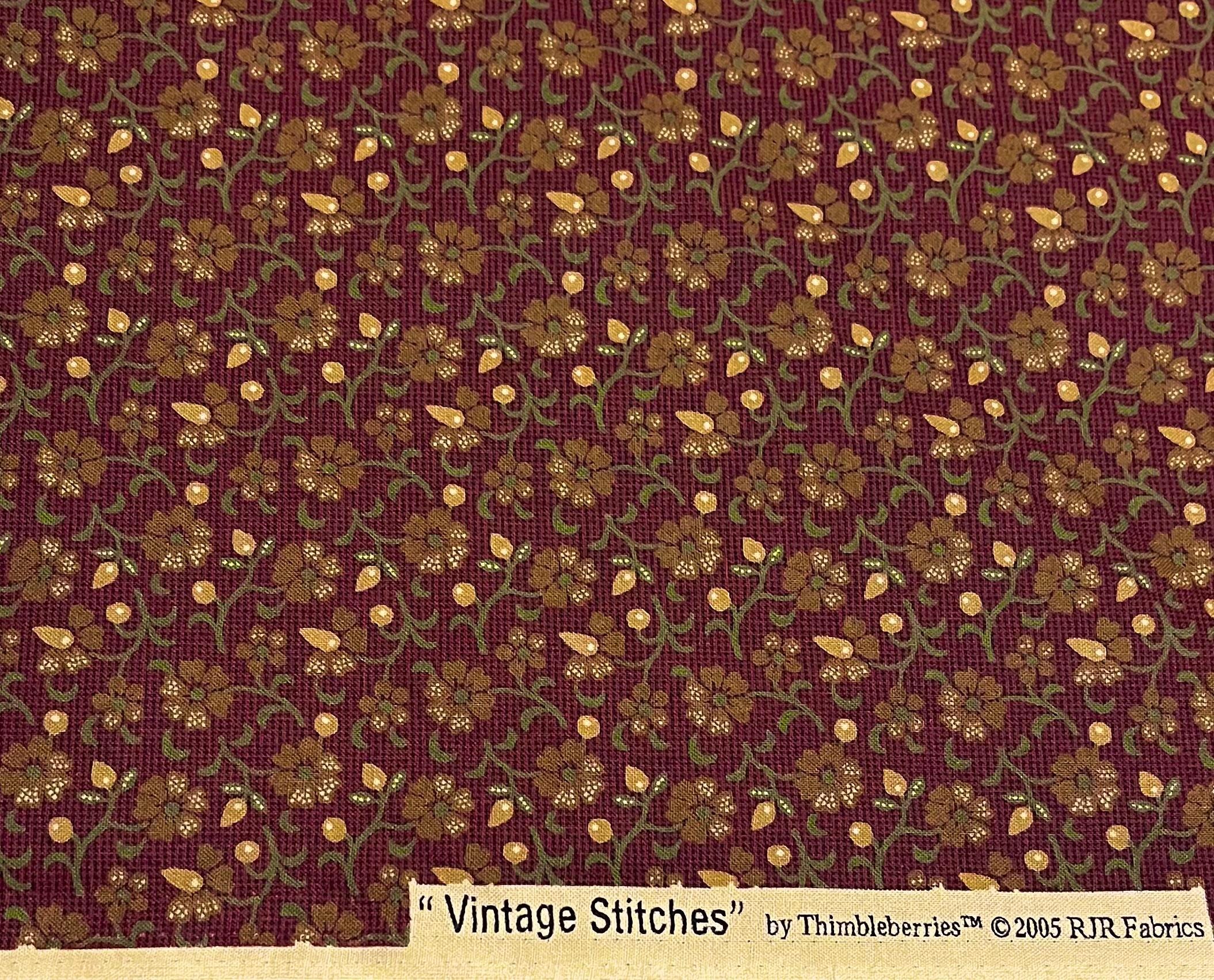 Thimbleberries Vintage Stitches Club 2006 fabric sku 5923 burgundy green vine Lynette Jensen RJR Fabrics, Sold as single cut of 7/8 yard