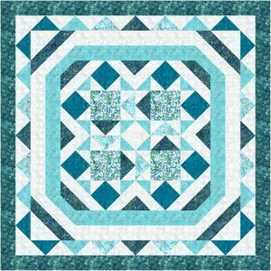 Puede incluir: Un edredón cuadrado con un patrón geométrico en tonos de verde azulado, turquesa y blanco. El diseño presenta formas de diamante, triángulo y cuadrado dispuestas en patrones concéntricos. El borde del edredón tiene un estampado floral verde oscuro.