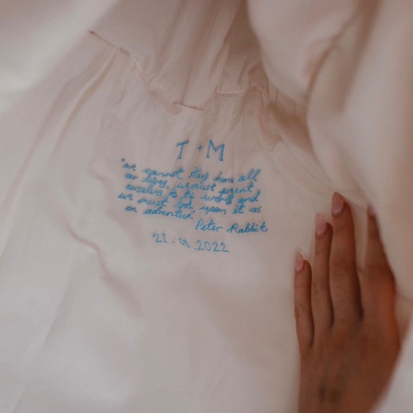 The Personal - A personalised wedding dress embroidery, handmade bespoke to order. A gift that’s something old, new, borrowed and blue.