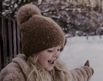 Hand-Knitted Alpaca Merino Fluff Hat with Pom Pom, kids & adult sizes