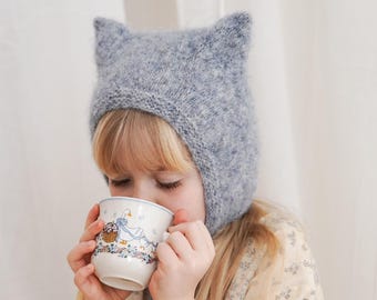 Hand Knit Moonlight Kitty bonnet, Baby Cat Hat - Alpaca with silver thread
