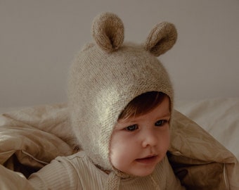 Big Ears Bear bonnet, knitted baby hat, perfect newborn welcome home or baby shower gift, handmade christmas present, neutral style