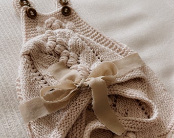 Newborn Gift Set, Handmade Knit Cotton Merino Romper and Bonnet