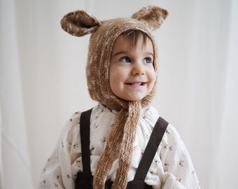 Handmade Deer Bonnet, Alpaca Knit Baby Hat, Animal Ears