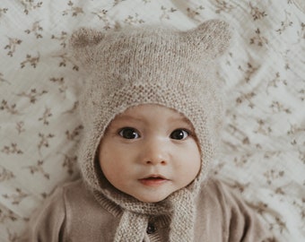 Little Bear bonnet, baby knitted hat, baby bonnet, photoprops, alpaca, baby shower gift, baby boy girl gift idea