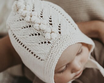 Hand-Knitted Cotton Baby Bonnet, Lace Spring Hat, Newborn Photo Prop