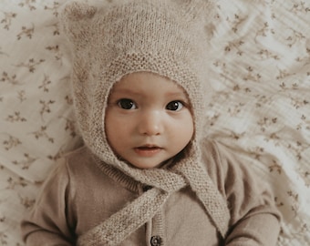 Hand Knit Baby Bonnet, Alpaca Silk hat with Little Bear Ears