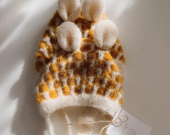 Hand Knit Honey Bear Bonnet, Alpaca Silk spring baby hat with Little Bear Ears