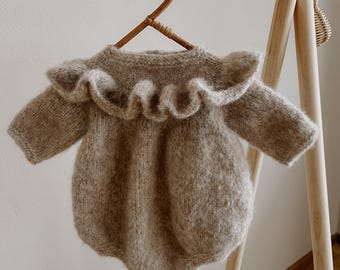 Hand Knit Alpaca Baby Romper "My Little Butterfly", Ruffle Collar, Neutral Layette