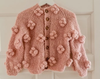 Kids Blossom Cardigan,  Handmade Girly Knitted Sweater with Flowers,  Fluffy Alpaca Merino Wool