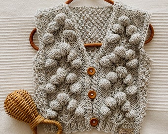Handmade Cotton Knit Baby Vest with floral bubble pattern, Neutral Tweed, 0-6 Months