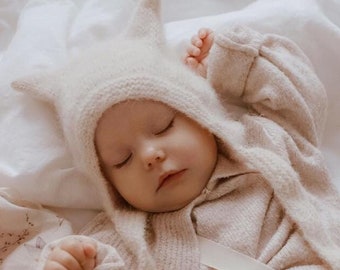 Handmade Alpaca Fluffy Kitty Bonnet, Knitted Winter Baby Hat with Ears