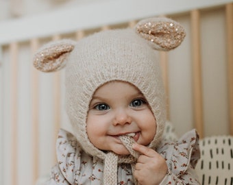 Hand Knit Little Star Bonnet, Alpaca Merino Baby Hat, Animal Ears with sequines