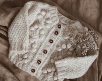 Handmade Baby Alpaca Knit Currant Cardigan, Floral Bubble Sweater