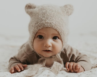 Little Bear bonnet NEW COLORS, baby knitted hat, baby bonnet, photoprops, alpaca, baby shower gift, baby boy girl gift idea