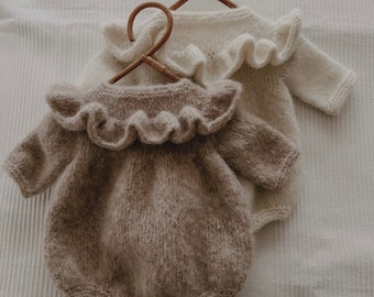 Hand Knit Alpaca Merino Baby Romper "My Little Butterfly", Ruffle Collar, Neutral Layette