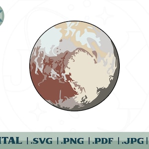 May include: A digital illustration of Pluto, a dwarf planet in our solar system. The illustration shows Pluto's surface with a mix of light brown, gray, and white colors.