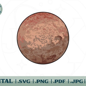 Puede incluir: Una ilustración digital de un planeta rojo y marrón sobre un fondo blanco. El planeta tiene una superficie moteada con una gran área oscura en el lado derecho.