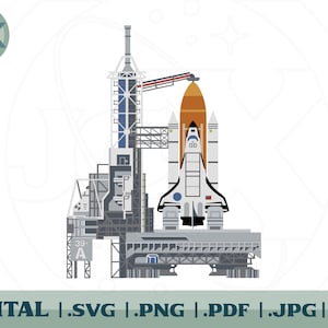 May include: A white and orange space shuttle is being prepared for launch on a gray launchpad. The shuttle is attached to a gray gantry with a large, gray arm.