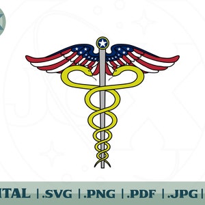 May include: A yellow medical caduceus with a red, white and blue American flag design on the wings. The caduceus is a symbol of medicine and healing.
