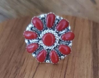 Red flower ring silver ring coral jewelry red silver cluster ring for women gifts for best friend birthday gift red jewelry gift for mom