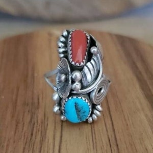 Turquoise ring women ring red coral sterling silver ring  fancy rings coral jewelry native americans jewelry western blue ring