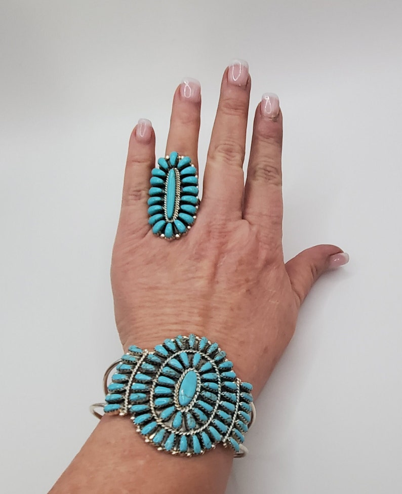 Long Turquoise cluster ring Zuni jewelry squash blossom ring gift for women big ring gemstone jewelry December birthstone ring blue jewelry image 4