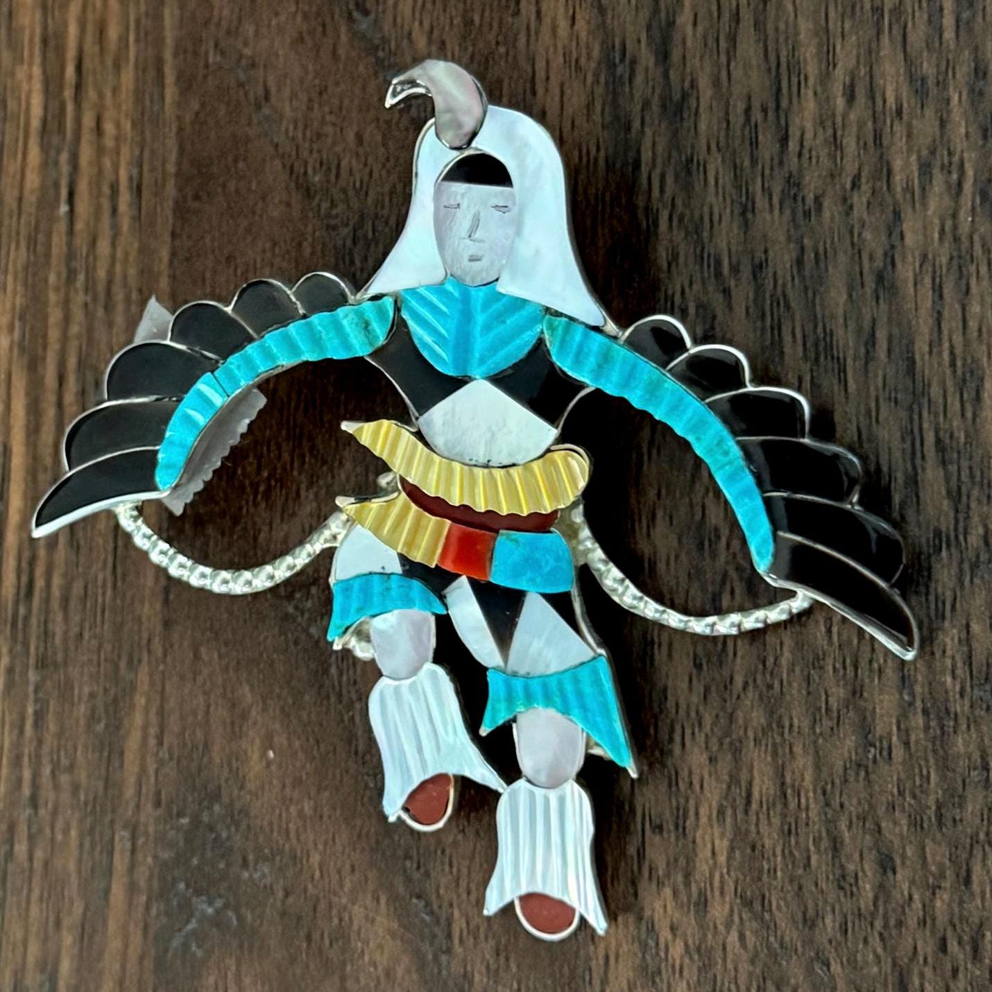 Eagle native dancer pin pendant turquoise inlay jewelry, silver statement gift for women, pin for women jewelry, large brooch for her