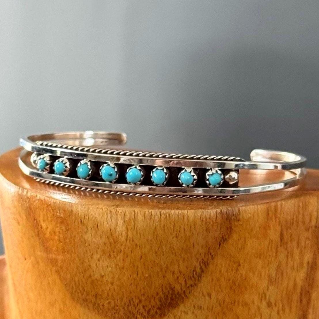 VINTAGE ZUNI Indian Silver Channel Inlay Turquoise & Onyx