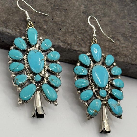 Large turquoise statement earrings silver cluster… - image 3